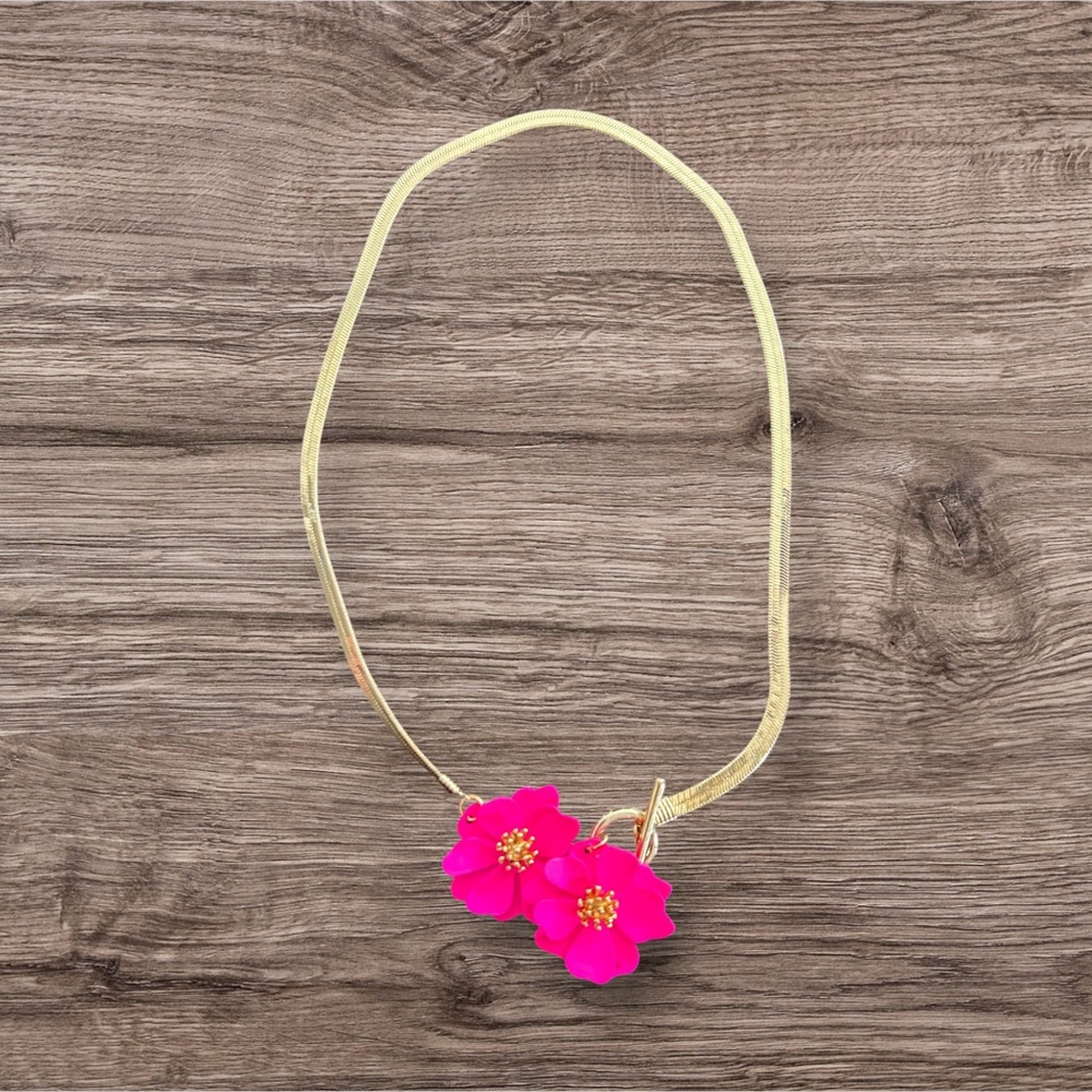 Gold Necklace with Pink Floral Accents